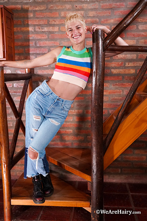 Cute Shy Blonde Climbing Nude Stairs