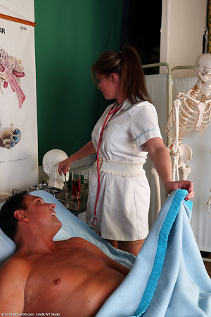 Mature nurse in lace stockings does it with lustful patient